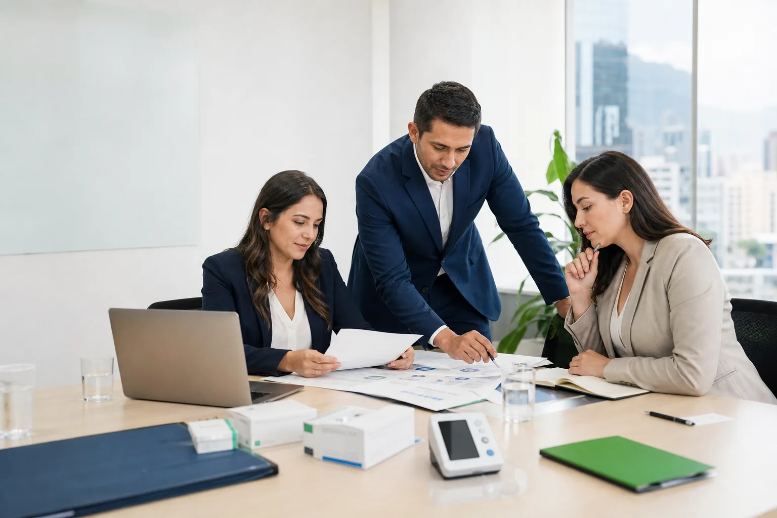 Equipo de asuntos regulatorios revisando documentación y procesos de dispositivos médicos